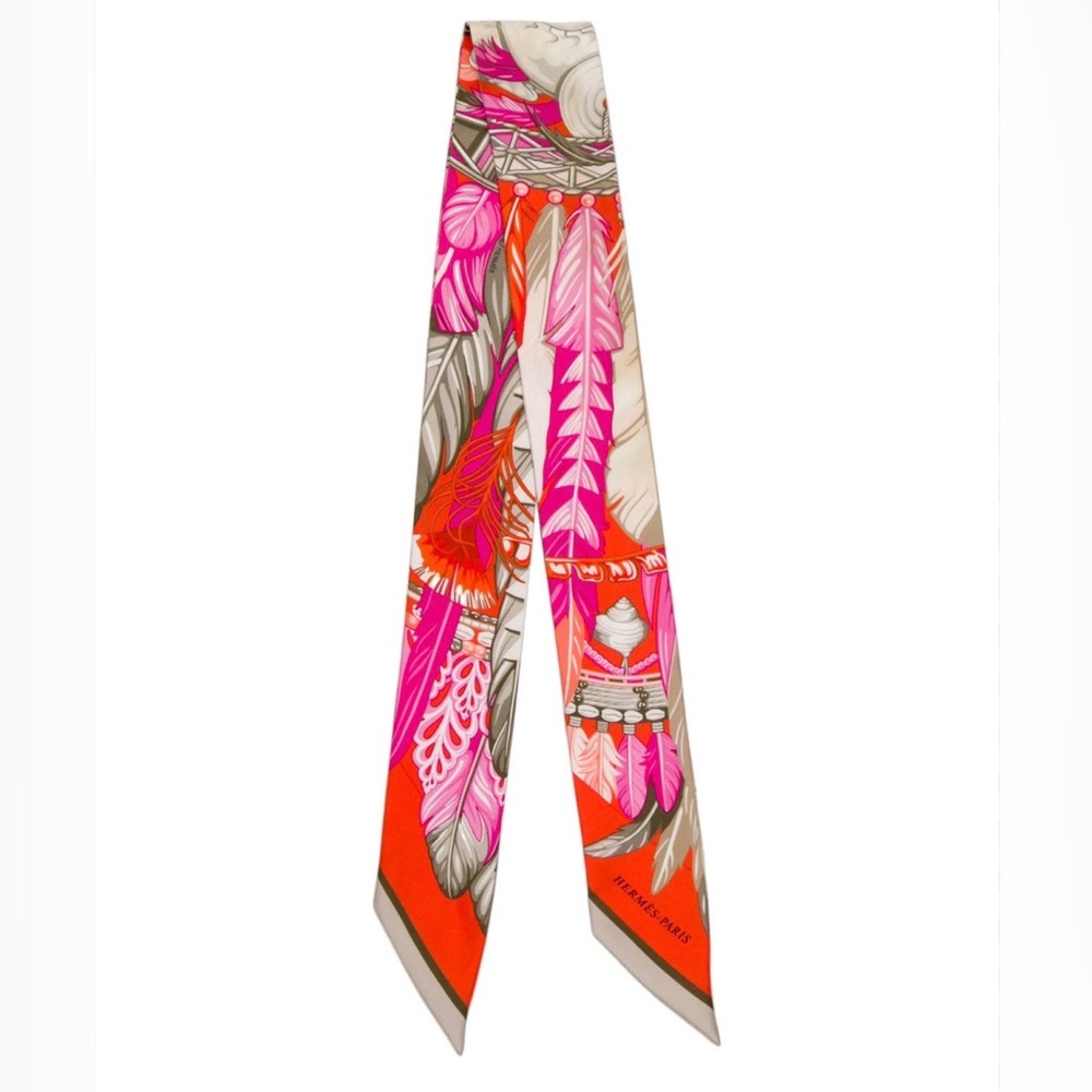 BNWT Hermes La Danse Pacifique Silk Feather Print Twilly in Pink & Orange